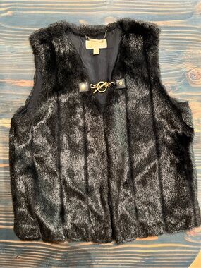 MICHAEL Michael Kors Black Faux Fur Vest with Gold Hardware XL